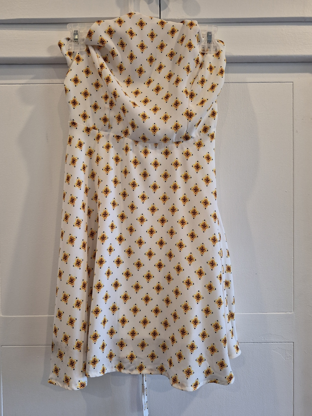 White Strapless A-Line Dress with Gold & Black Diamond Print